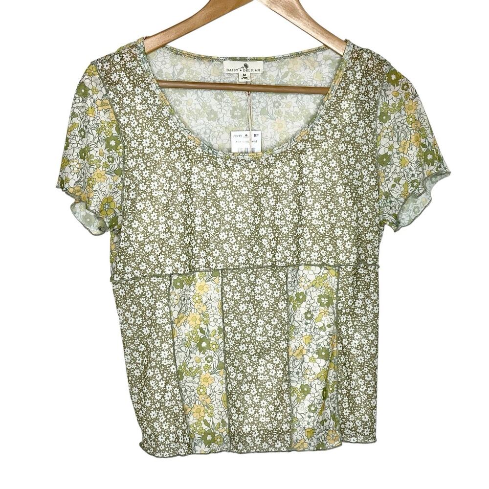 Daisy 70s Floral Print Sheer Mesh Top Green Womens M Flower Power Y2K Retro